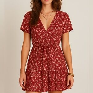 🎄 5/$25 Boho Floral Red V-Neck Hippie Dress